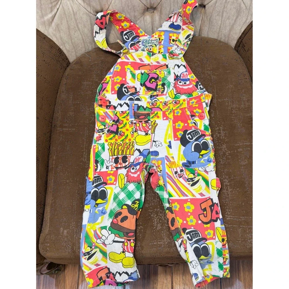 Jams‎ Cartoon Print Overalls Multi Color Graphic Bib Dungarees Kids Retro Style